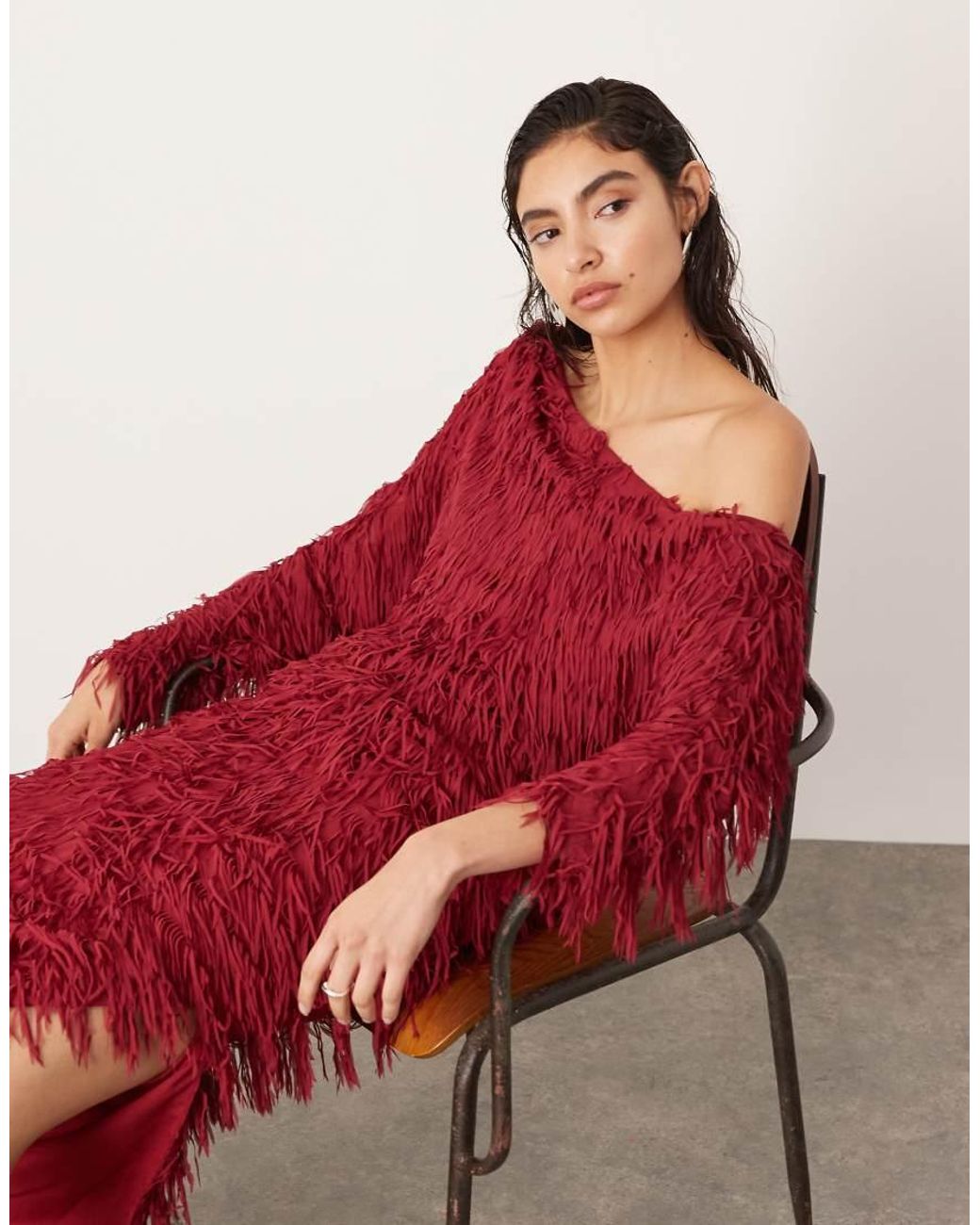 asos red fringe dress ASOS Fringe Slouchy Off Shoulder Maxi Dress in Red