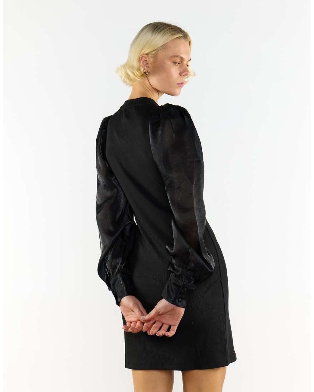 NARRATED Black High Neck Puff Sleeve Mini Dress