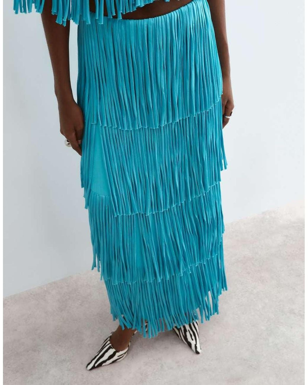 ARRANGE Blue Tiered Fringe Fitted Maxi Skirt Co Ord