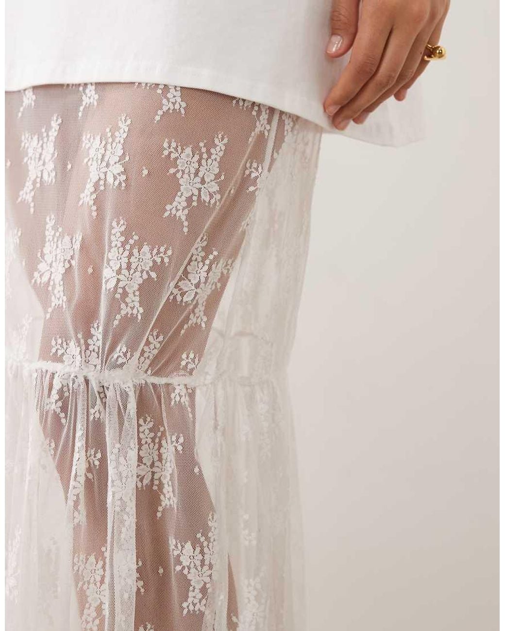 Fashionkilla White Exclusive Cotton Lace Tiered Hem Maxi T-shirt Dress