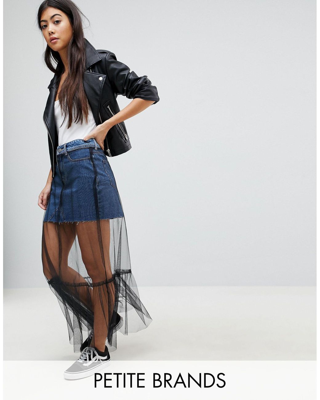 denim skirt with mesh overlay