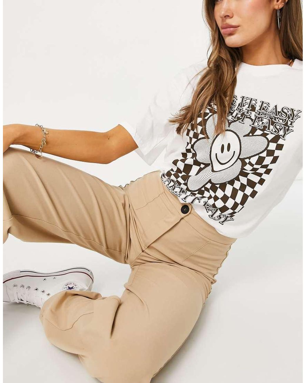 Bershka Natural Wide Leg Slouchy Dad Tailored Trousers