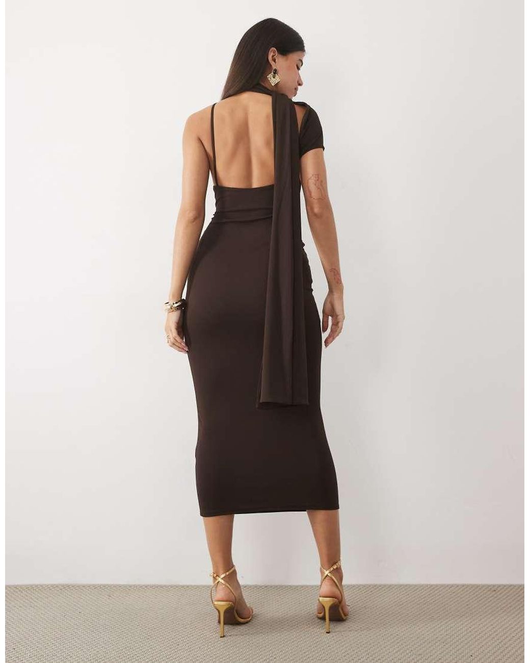 ASOS Brown Scarf Detail Maxi Dress With Ruched Trim Waist