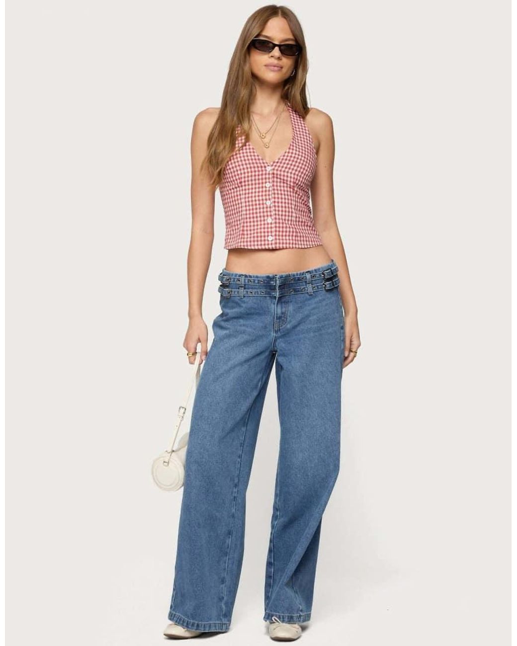 Edikted Blue Evan Gingham Button Up Halter Top