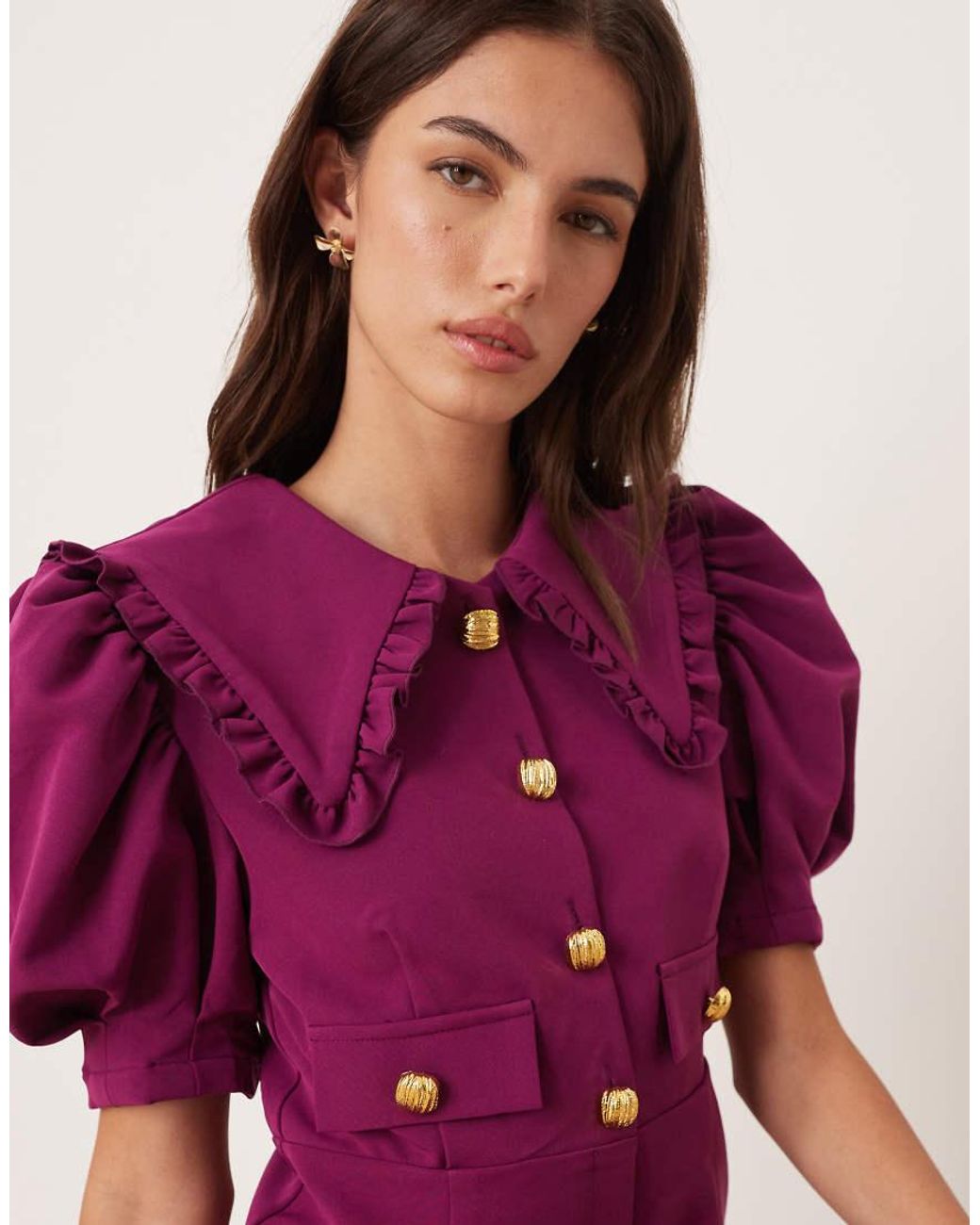 Sister Jane Purple Puff Sleeve Button Front Shirt Mini Dress