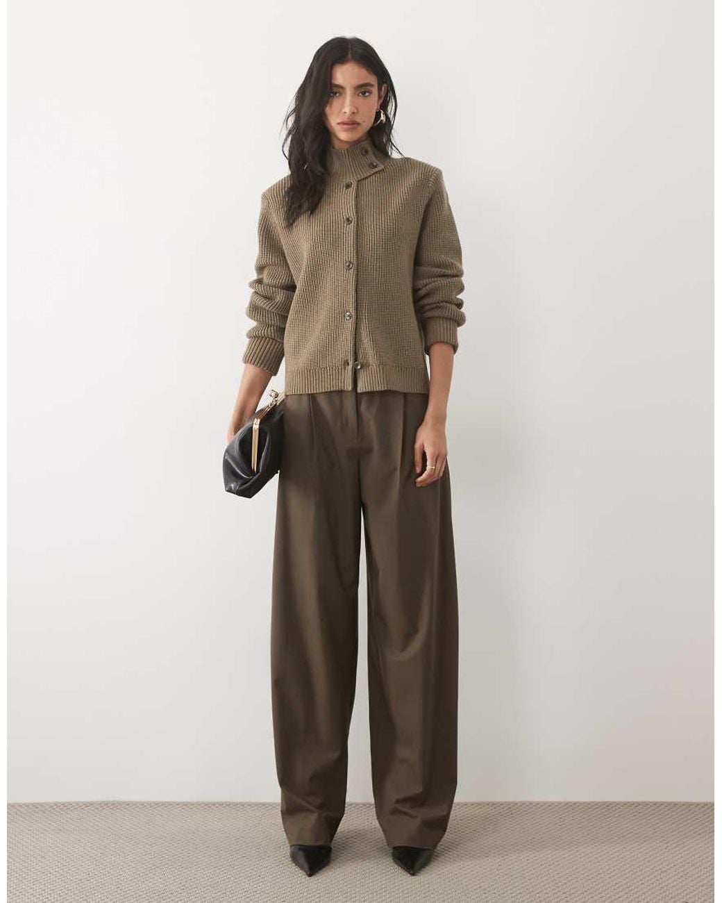 Pretty Lavish Brown Knitted Funnel Neck Button Down Jacket