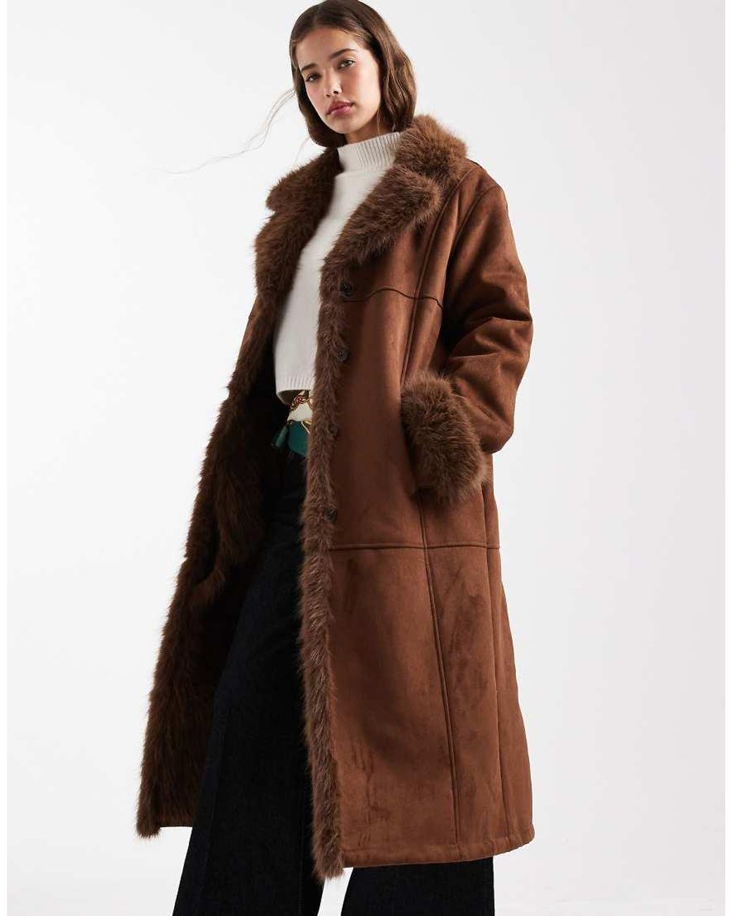 ASOS Brown Longline Faux Fur Bonded Shearling Jacket