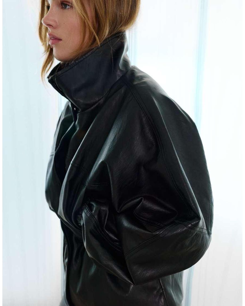 Pull&Bear Black Leather Effect High Neck Jacket