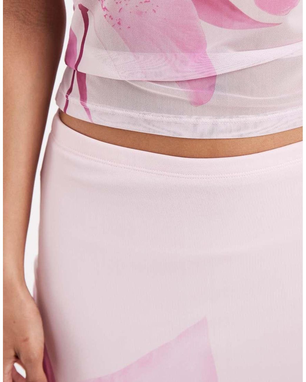 Pieces Pink Overblown Placement Floral Print Mesh Midi Skirt