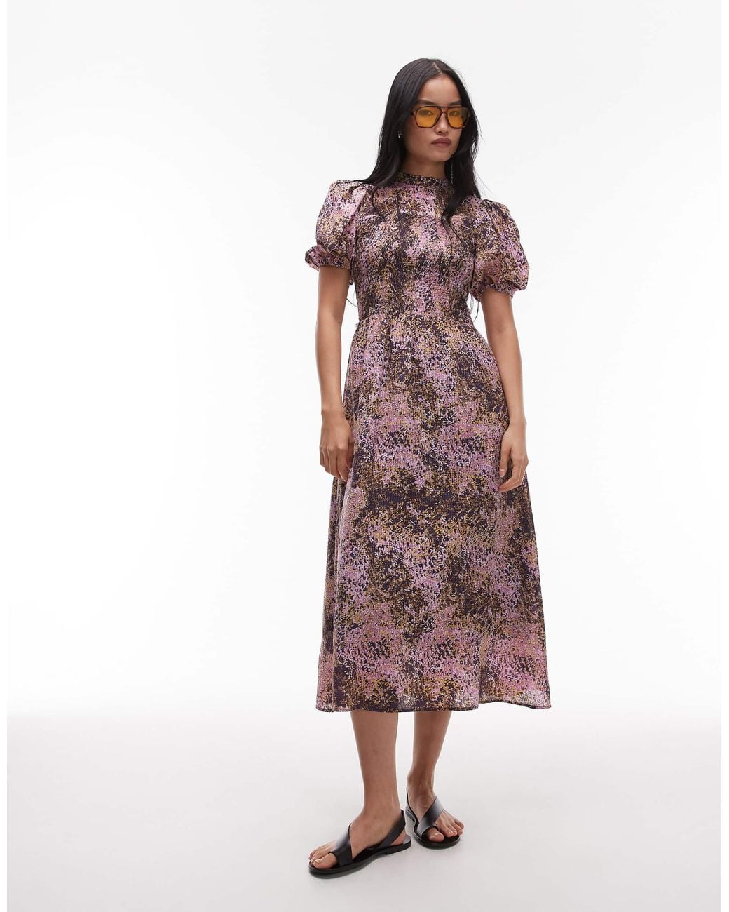 & Other Stories Puff Sleeves Midi Dress With Shirred Bodice in Purple | Lyst