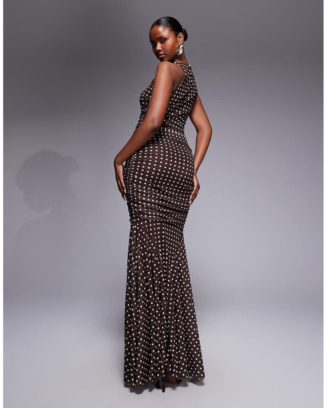Ruched & Ready Brown Sculpting Mesh High Neck Sleeveless Draped Fishtail Hem Maxi Dress