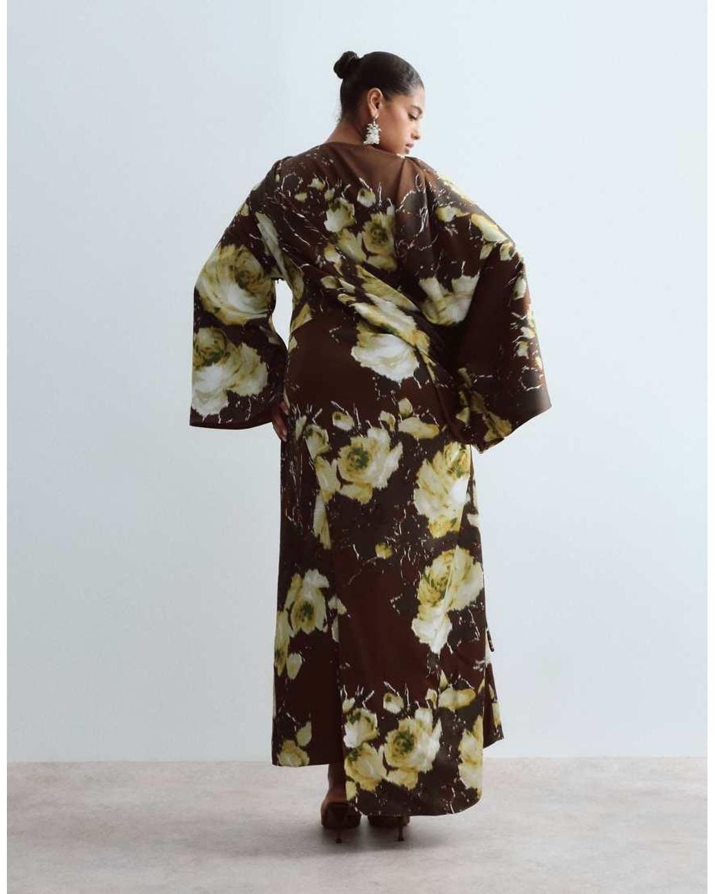 ARRANGE Brown Curve Satin Drape Long Sleeve Maxi Dress