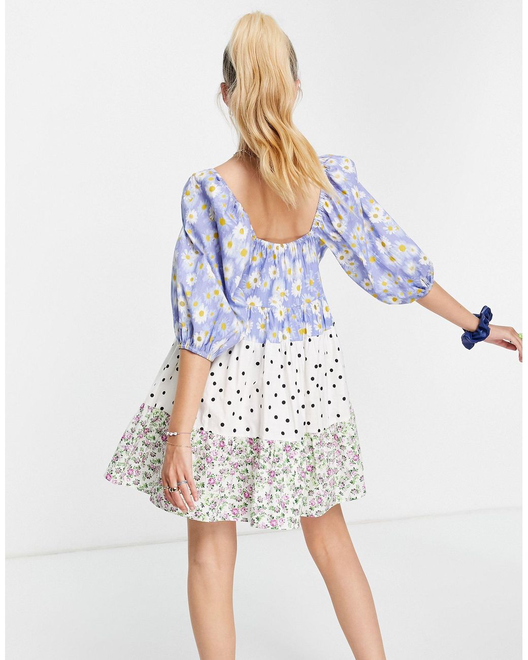 ASOS Mixed Print Tiered Babydoll Mini Dress in Blue | Lyst