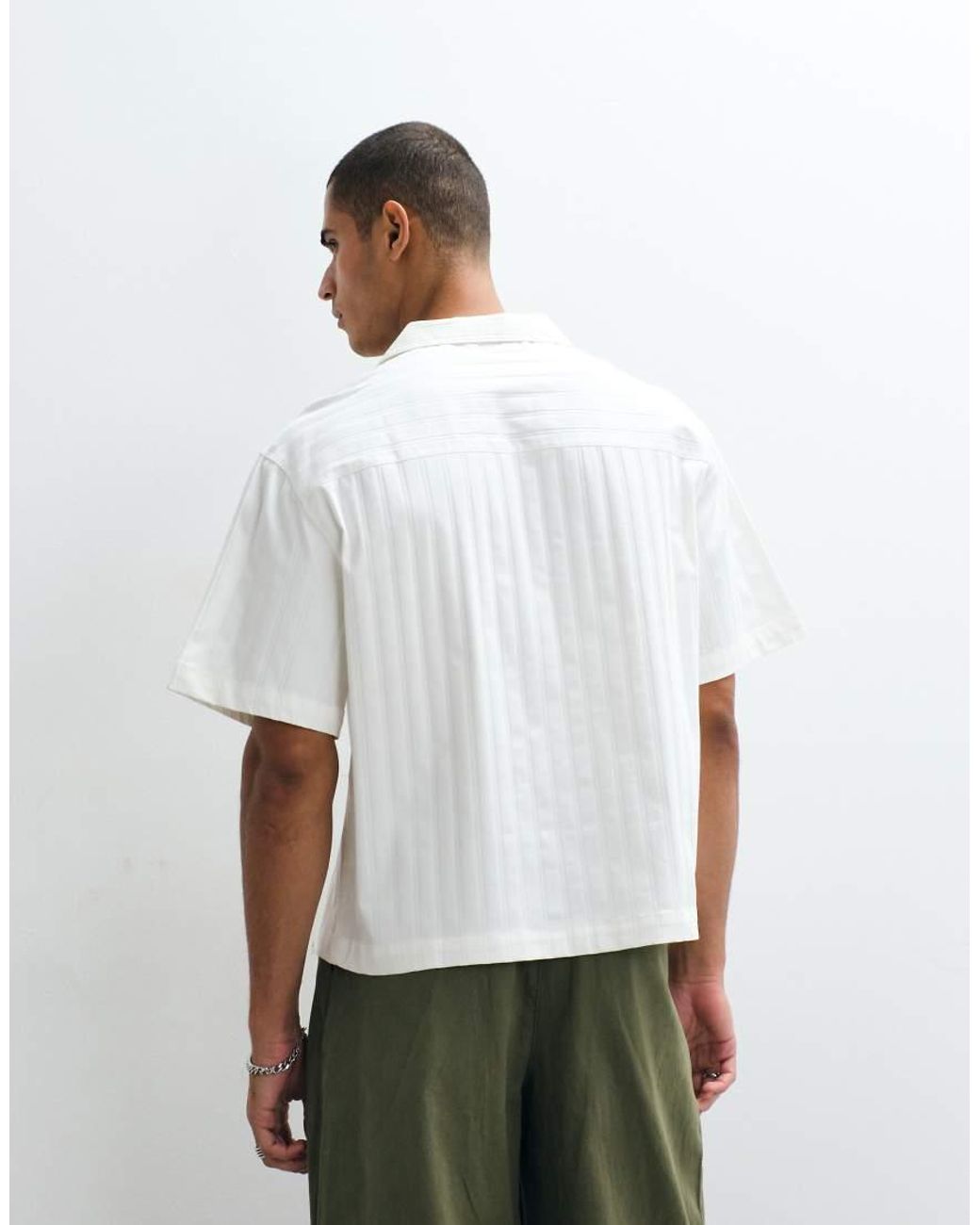 ASOS White Boxy Oversized Camp Collar Poplin Striped Shirt for men