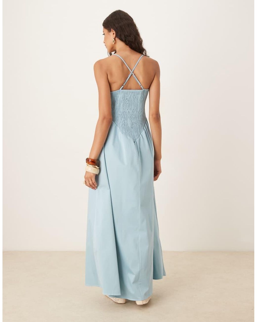 ASOS Blue Scoop Neck Crinkle Maxi Sundress With Cross Back