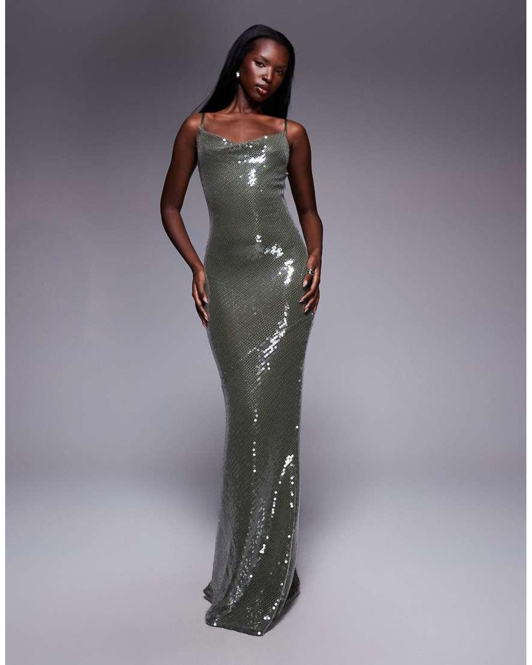 ASOS Gray Sheer Sequin Cowl Neck Maxi Dress With Strappy Back