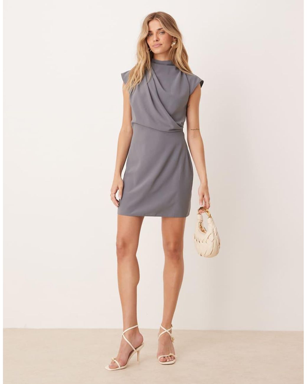 ASOS Gray High Neck Sleeveless Mini Dress With Draped Neck