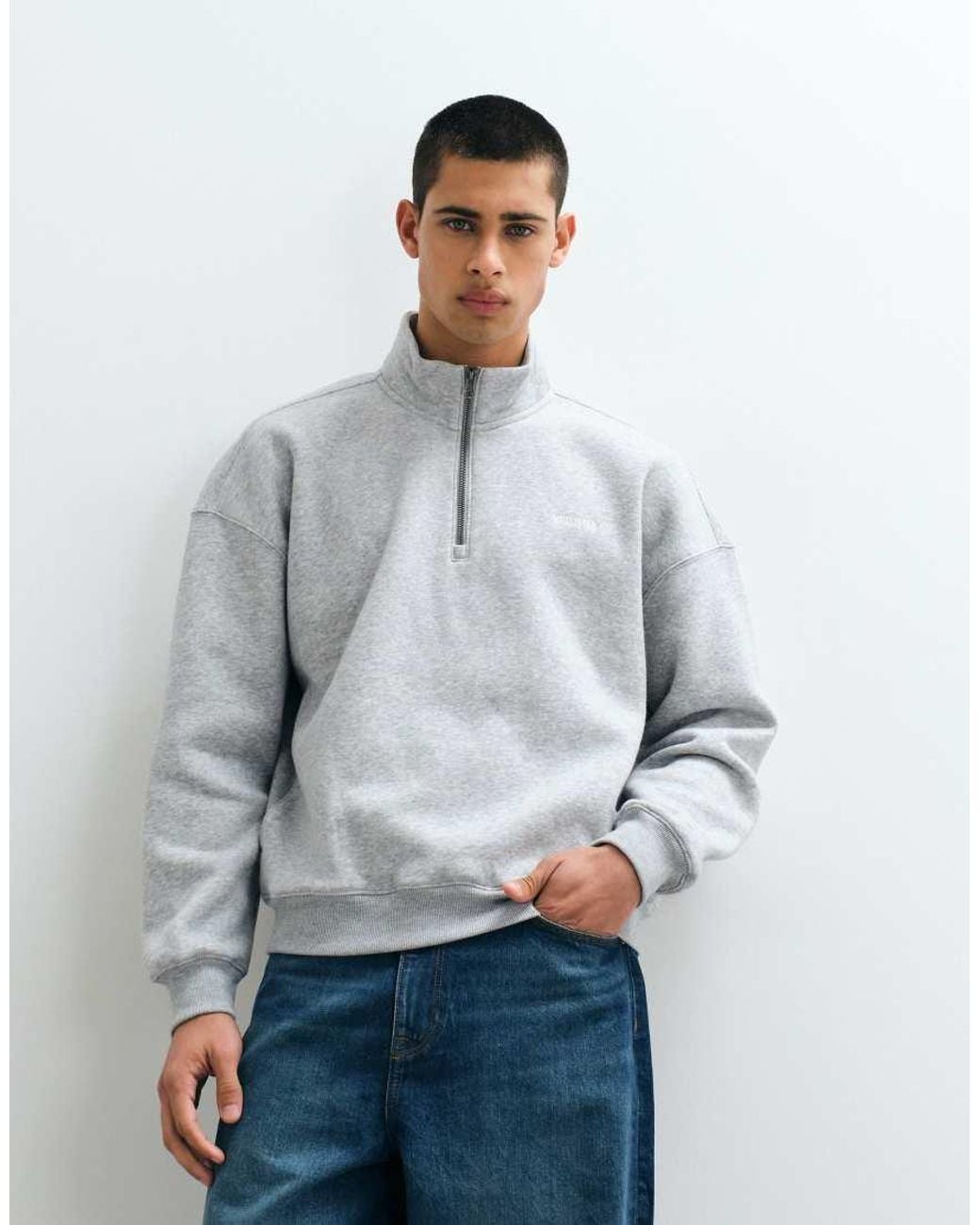 Hollister Gray 1/4 Zip Sweatshirt With Minimal Logo for men