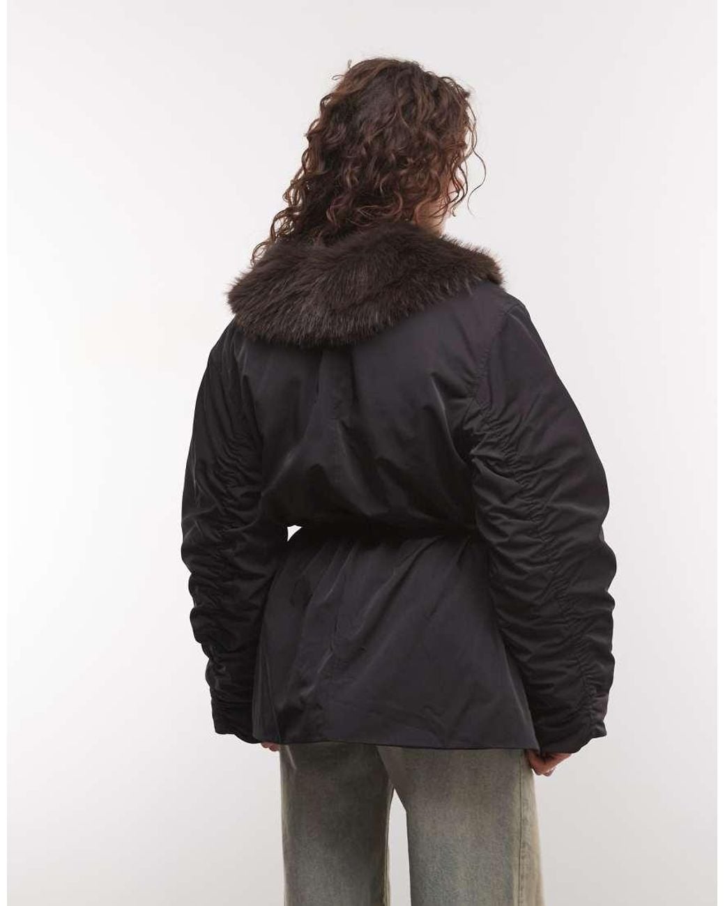 Monki Black Faux Fur Cinched Puffer Coat