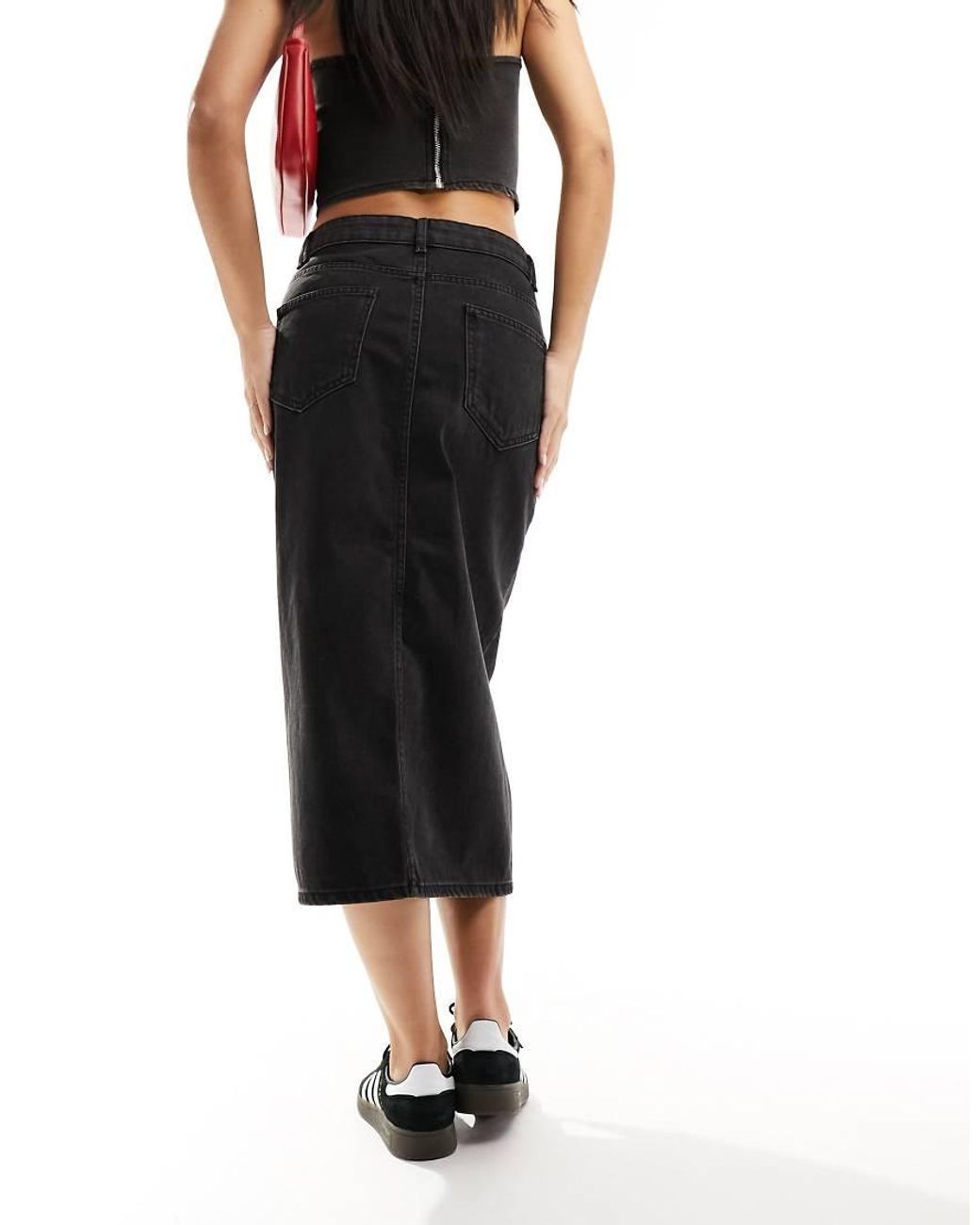 ONLY Black Denim Midi Skirt With Front Split