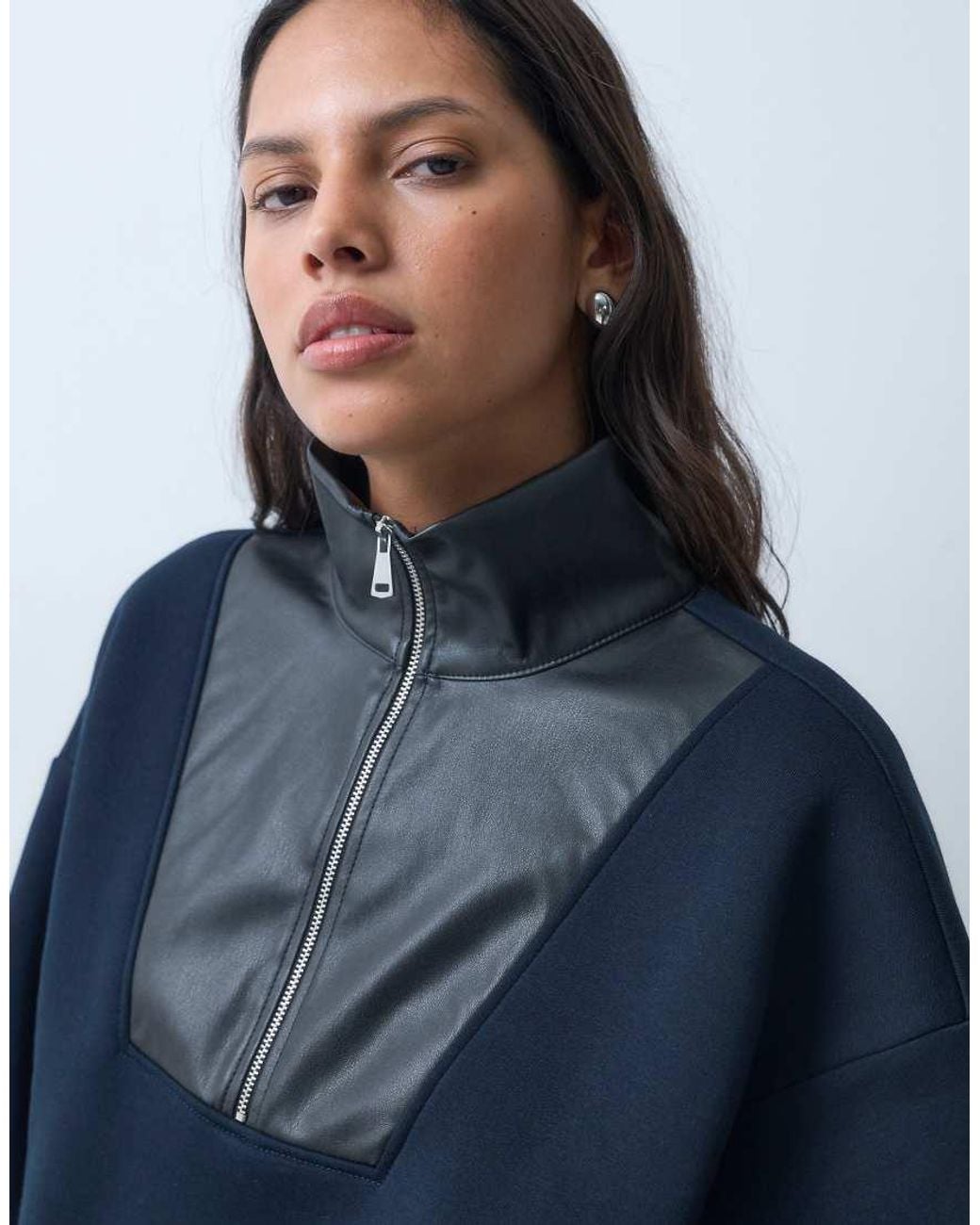 ASOS Blue Pu Detail Quarter Zip Sweatshirt