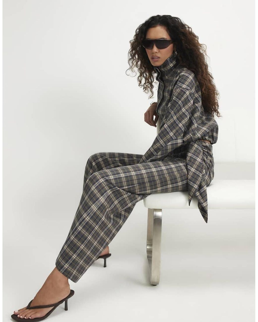River Island Green Scarf Detail Check Wide Leg Trousers