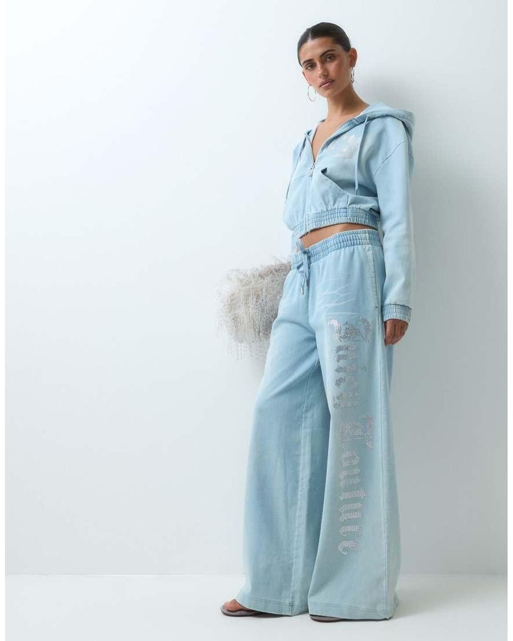 Juicy Couture Blue Annen Washed Diamante Logo Smocked jogger Co-ord