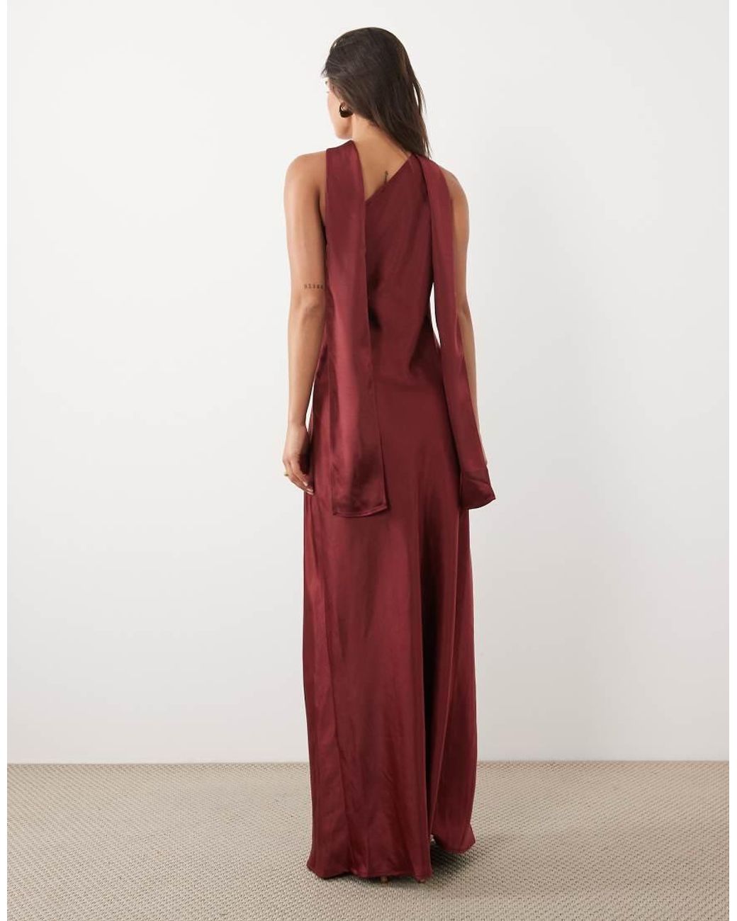 TFNC London Red Satin One Shoulder Maxi Dress With Scarf