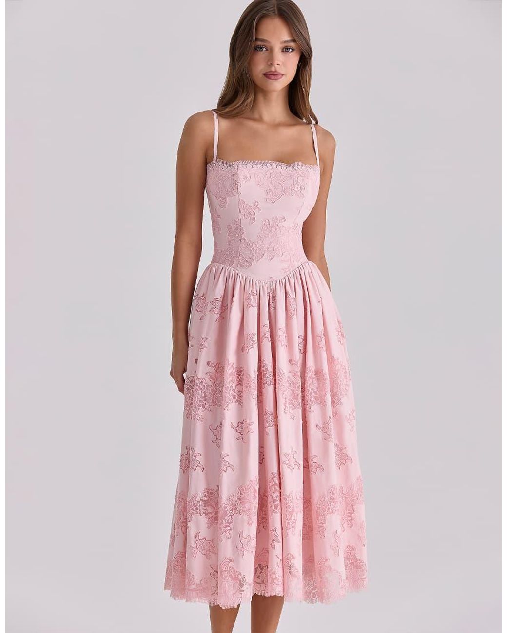 House Of Cb Pink Chloe Cotton Broderie Anglais Lace Midi Sundress