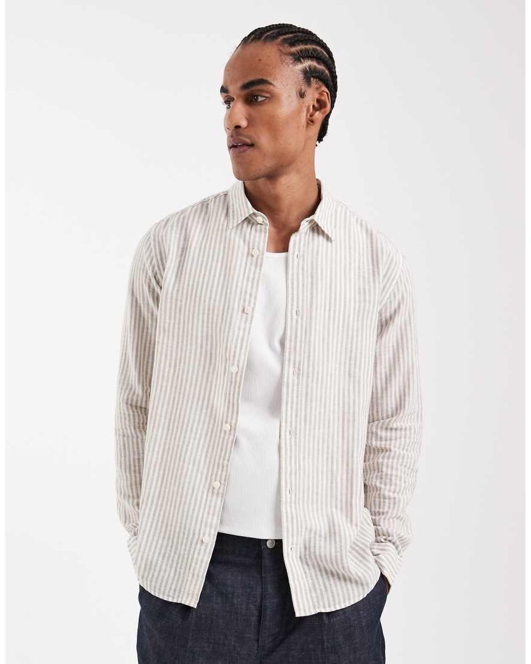 Only & Sons White Linen Mix Long Sleeve Shirt for men