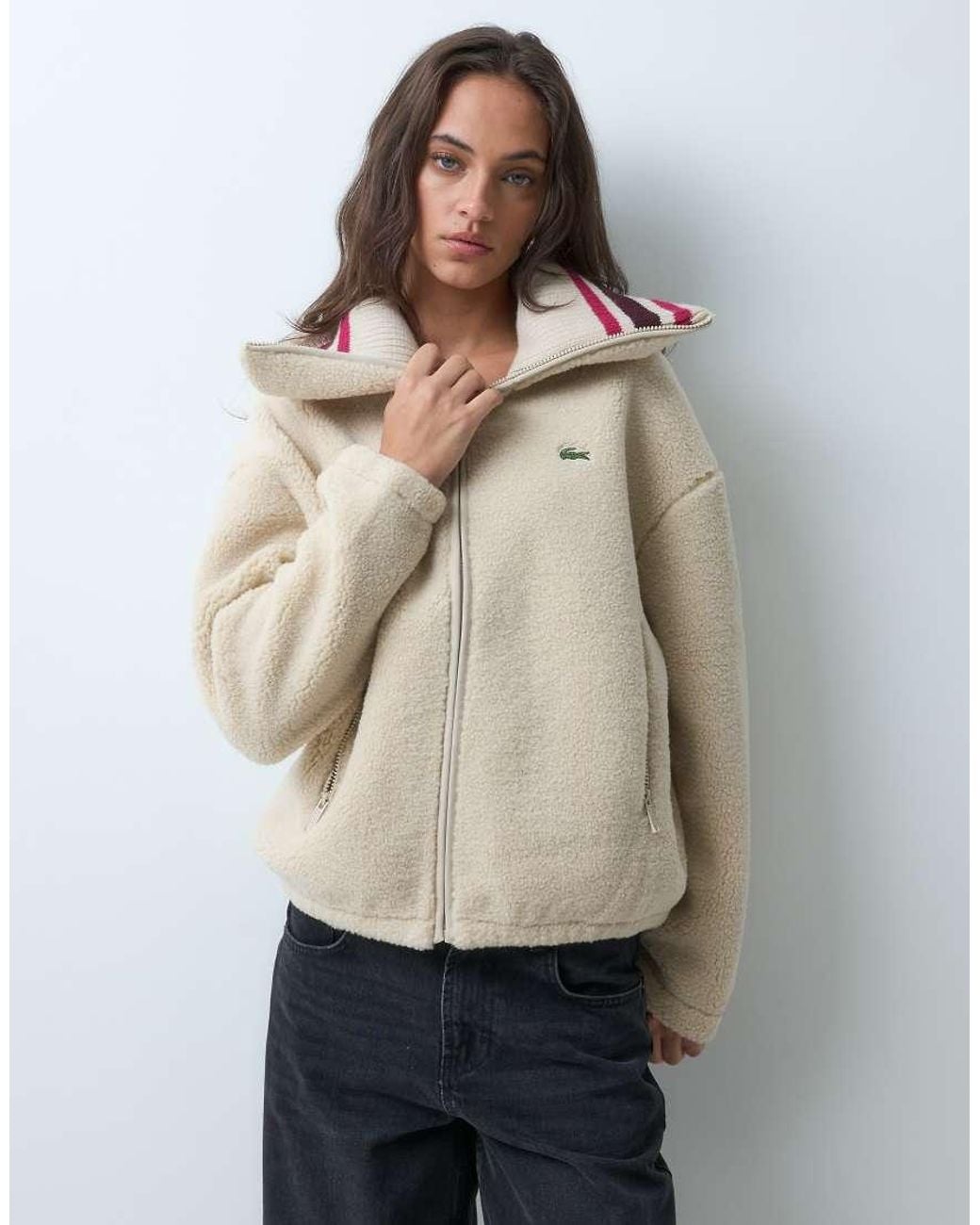 Lacoste Natural Oversized Striped Knit Collar Zip Up Fleece