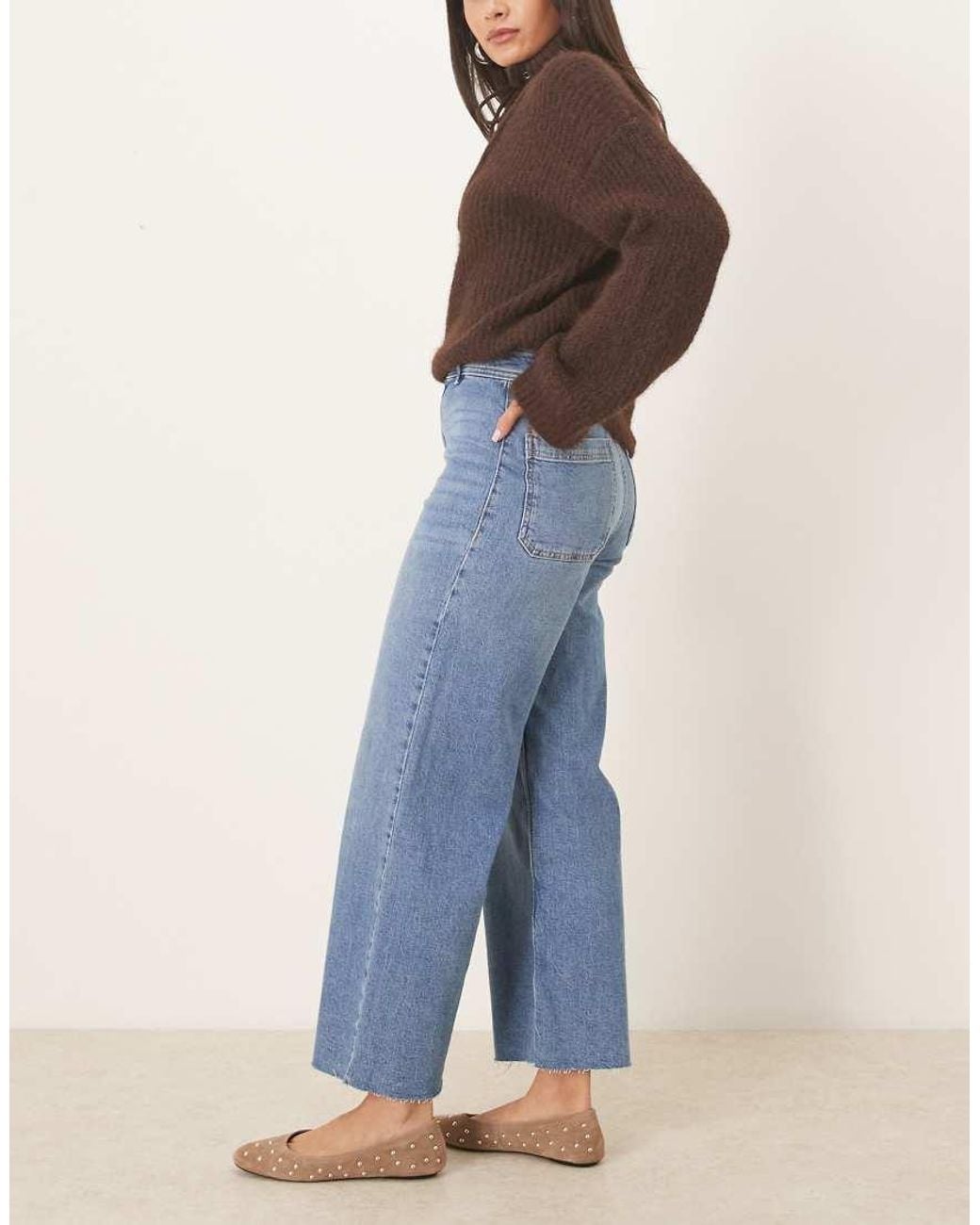 Mango Blue Catherin Cotton Mix Frayed Hem Straight Jean