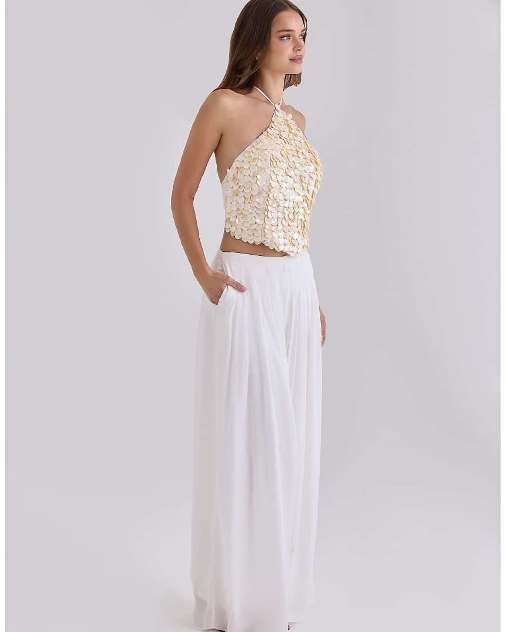 House Of Cb White Alina Sateen Pleated Wide Leg Trousers