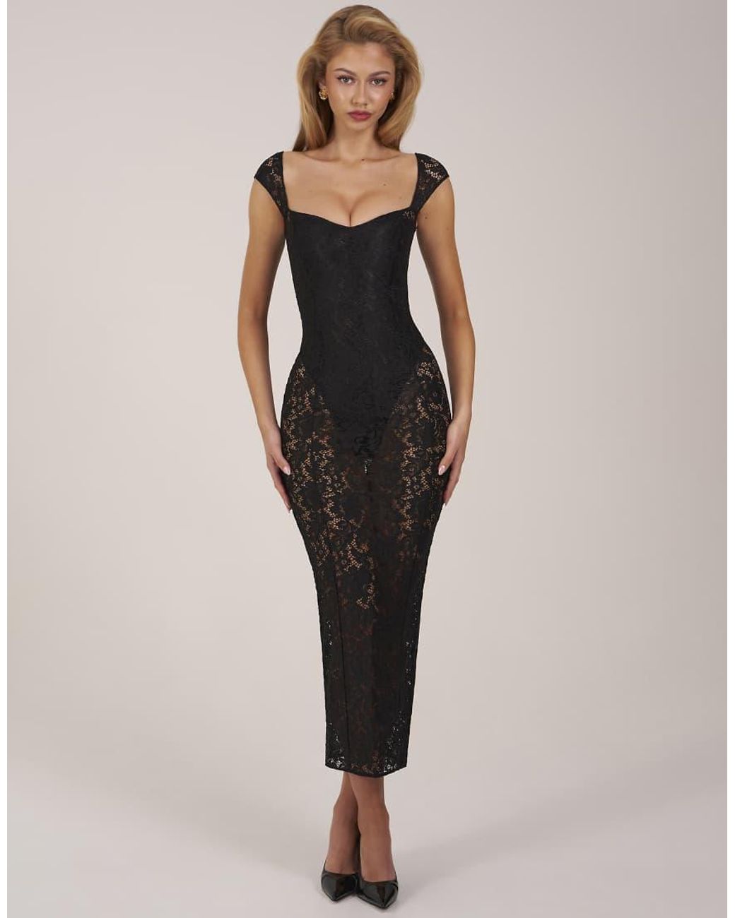 Oh Polly Natural Lace Sweetheart Neck Cap Sleeve Mesh Maxi Dress