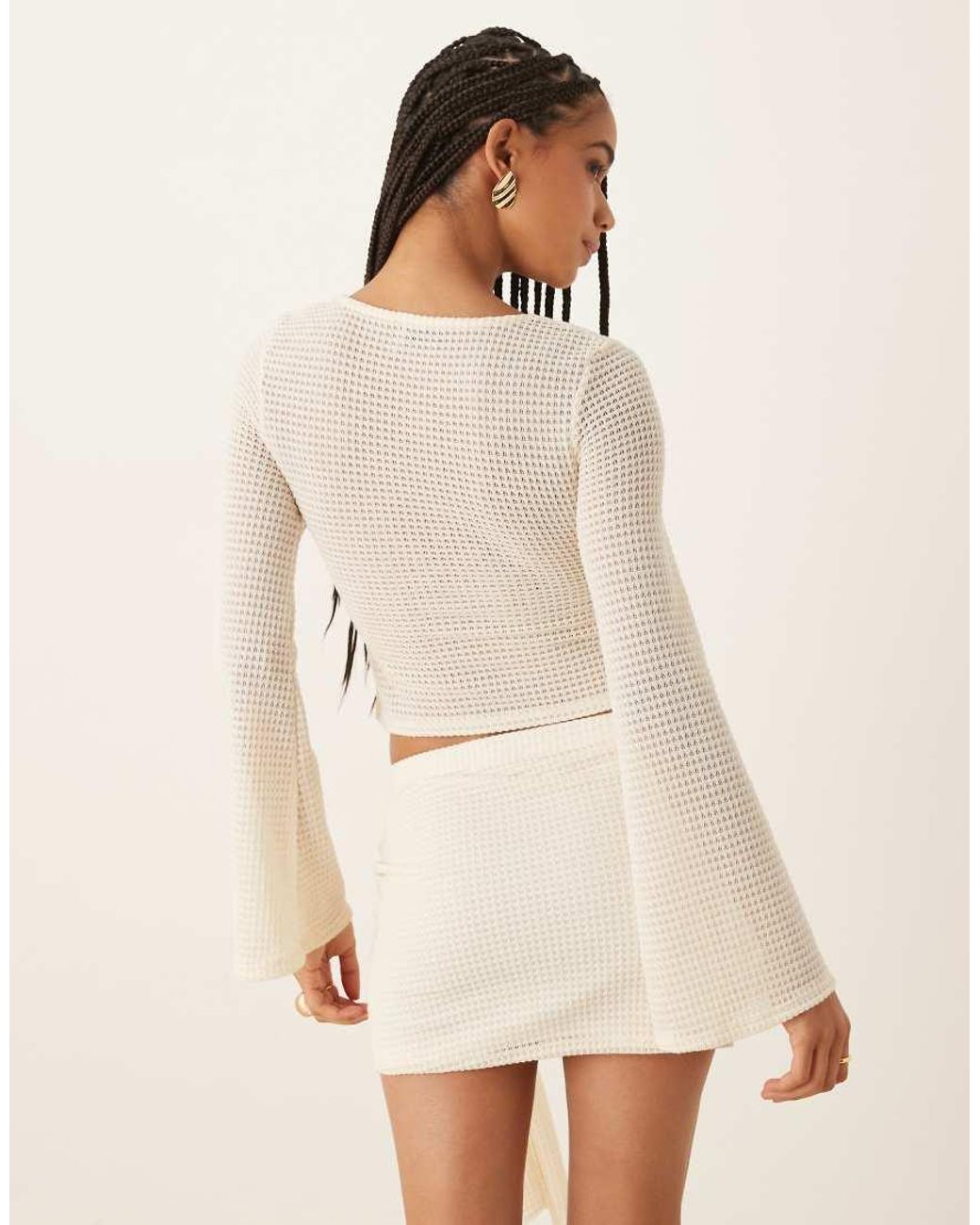 ASOS Natural Textured V-neck Flared Sleeve Top With Gold Trim