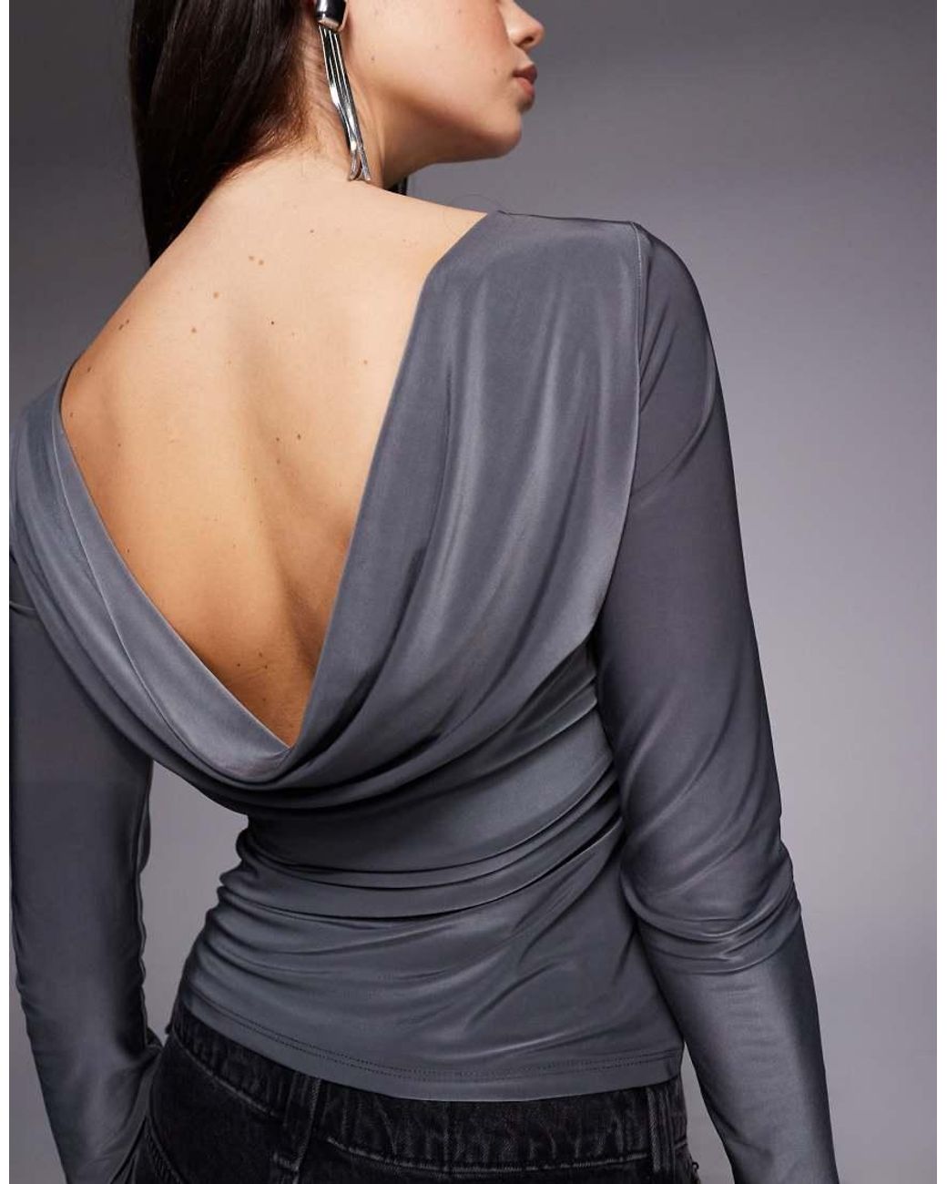 ASOS Gray Slinky Draped Back Long Sleeve Top