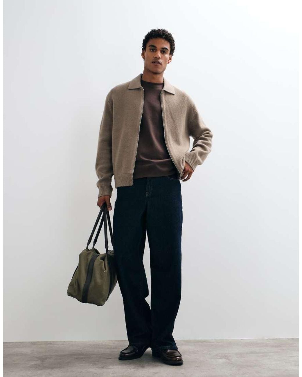 ARKET Natural Pure Wool Zip Through Cardigan With Polo Collar for men