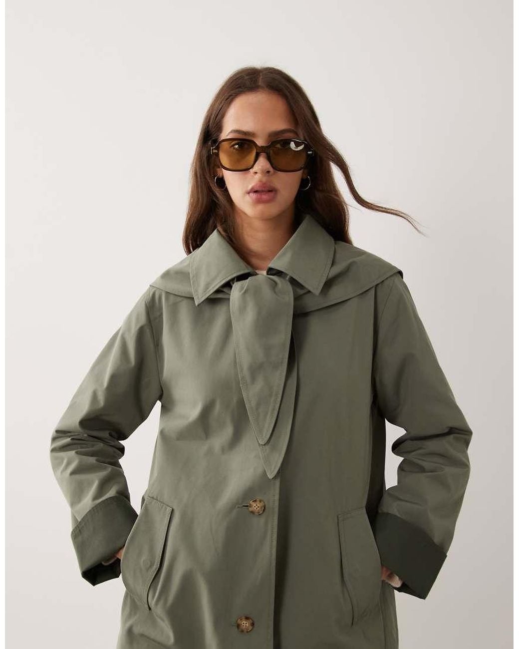 Abercrombie & Fitch Green A Line Cropped Trench Coat With Scarf Detail