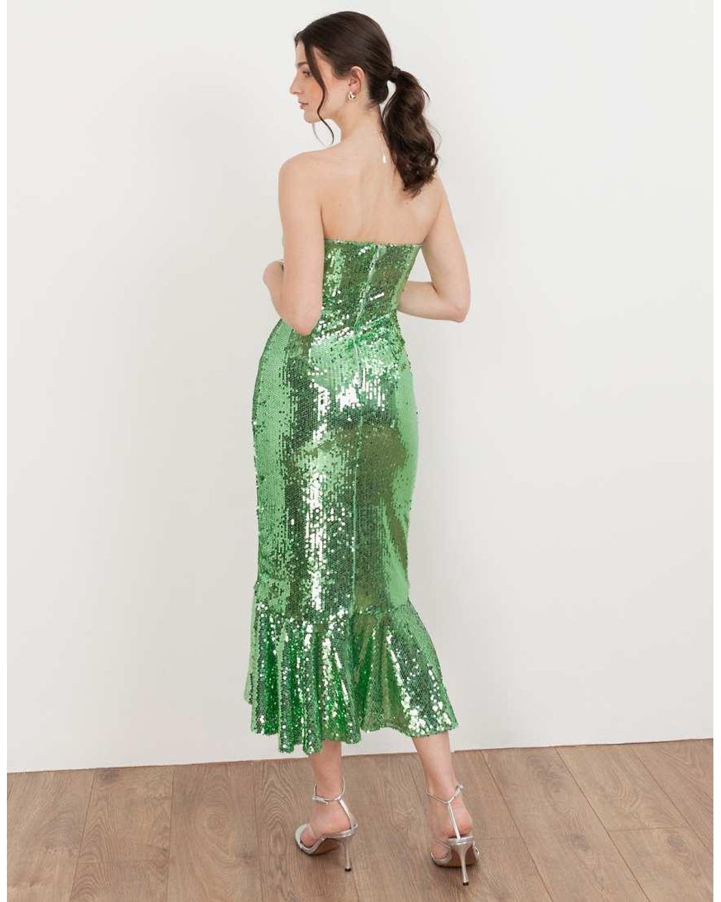 Maya Green Fully Embellished Bandeau Midi Dress