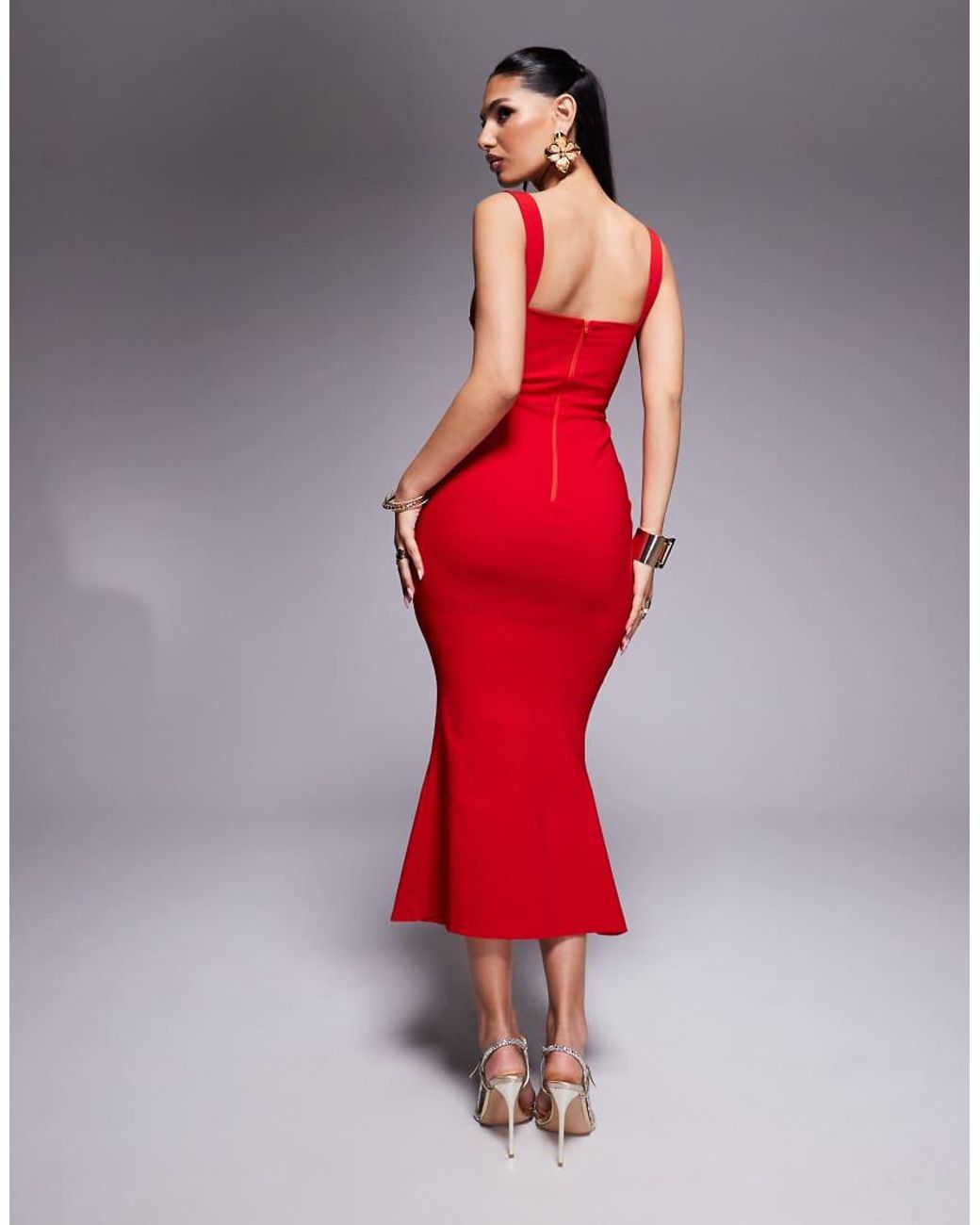 Vesper Red Bengaline Sleeveless Square Neck Fishtail Midi Dress