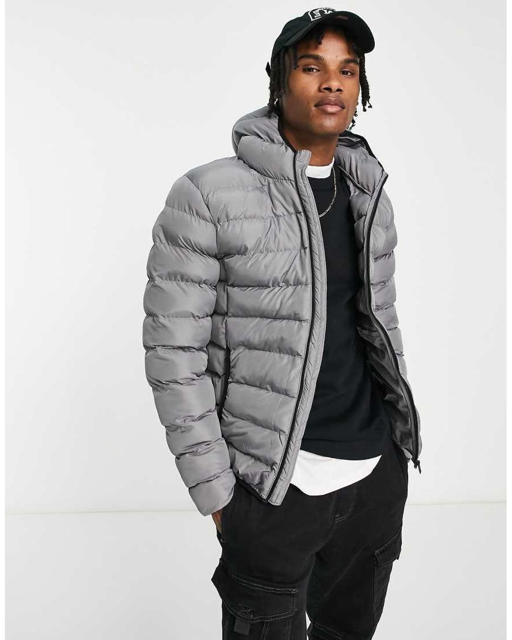 French Connection Puffer Jacket With Hood in Grey for Men Lyst UK