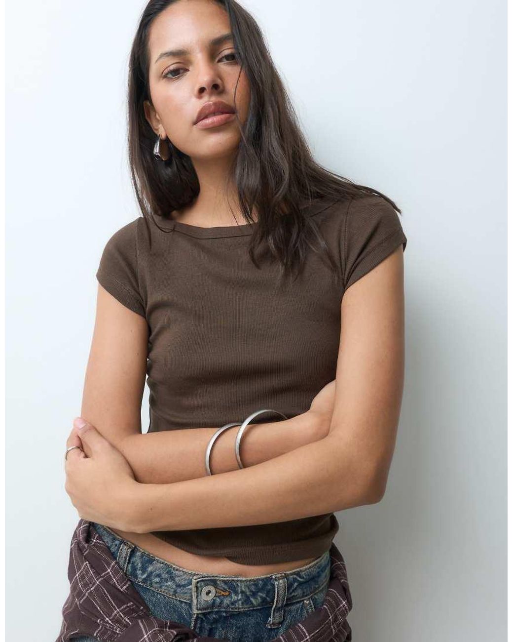 JJXX Brown Ribbed Boat Neck Tee