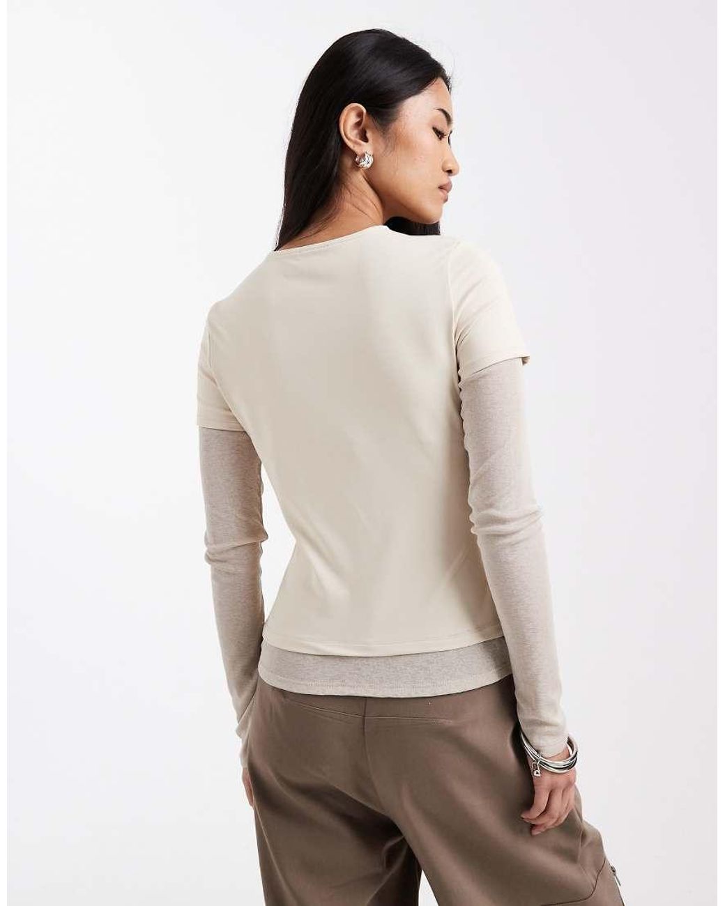 ASOS Natural Long Sleeve Mesh Double Layer Top
