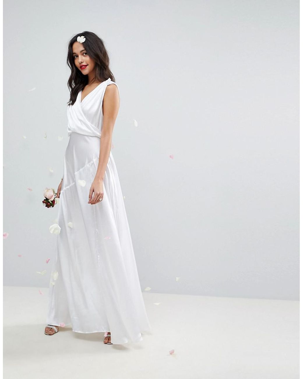 Asos Denim Deep Plunge Soft Wedding Maxi Dress With Ruching Detail