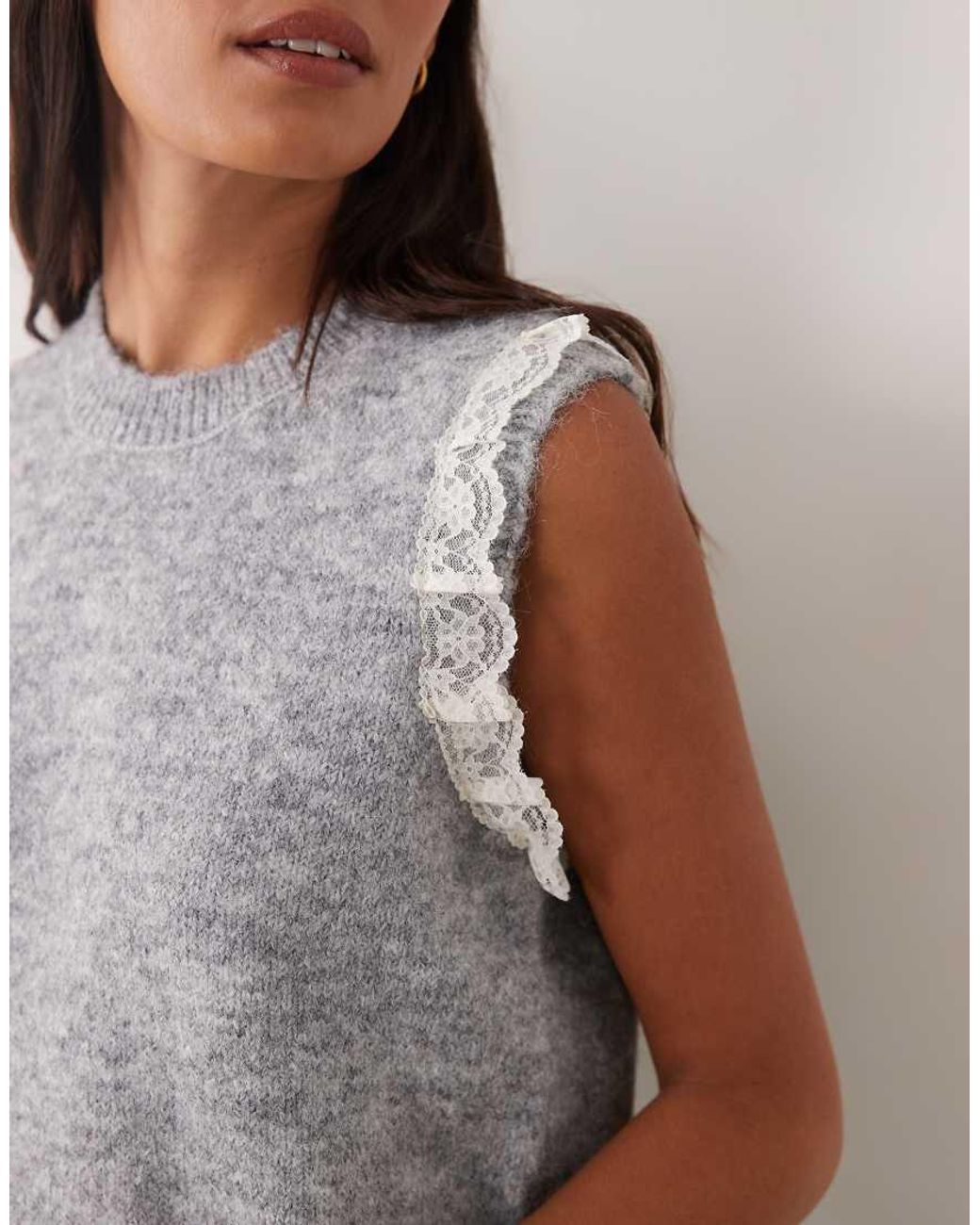 New Look Gray Lace Trim Knitted Vest