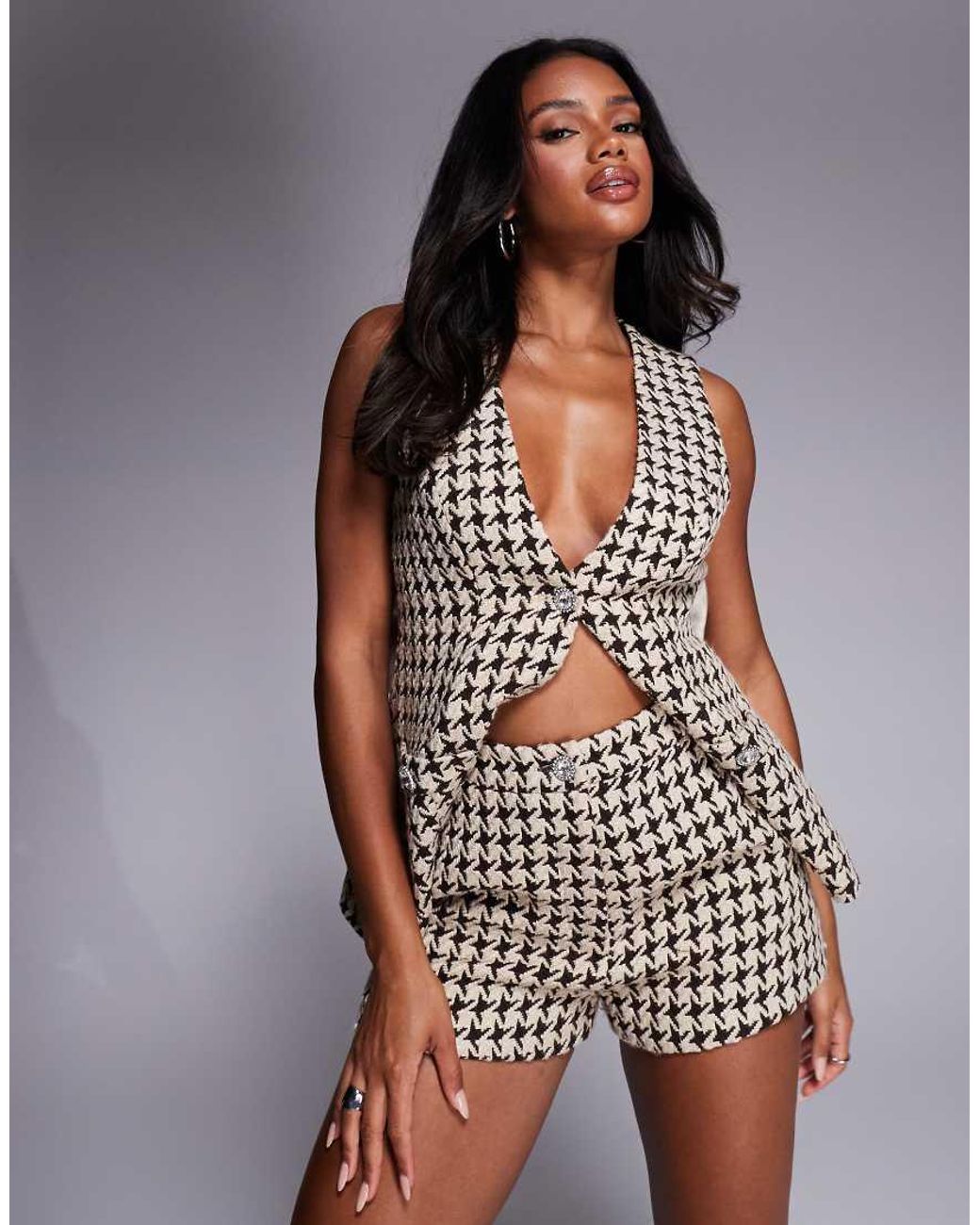 ASOS Brown Co-ord Houndstooth Boucle Mini Shorts