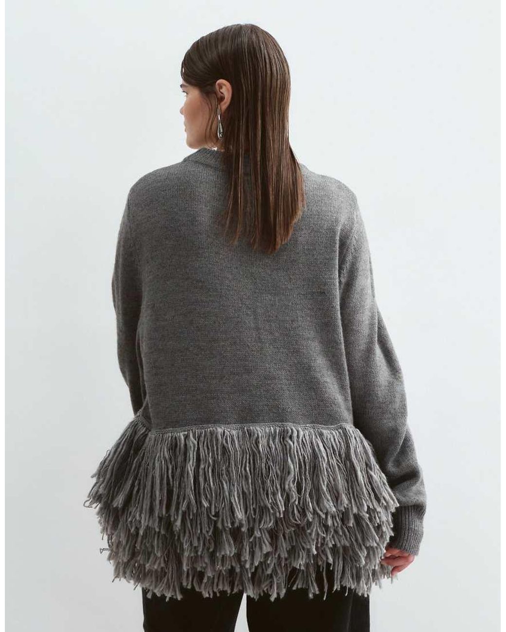 ARRANGE Gray Curve Knitted Jumper With Fringe Hem