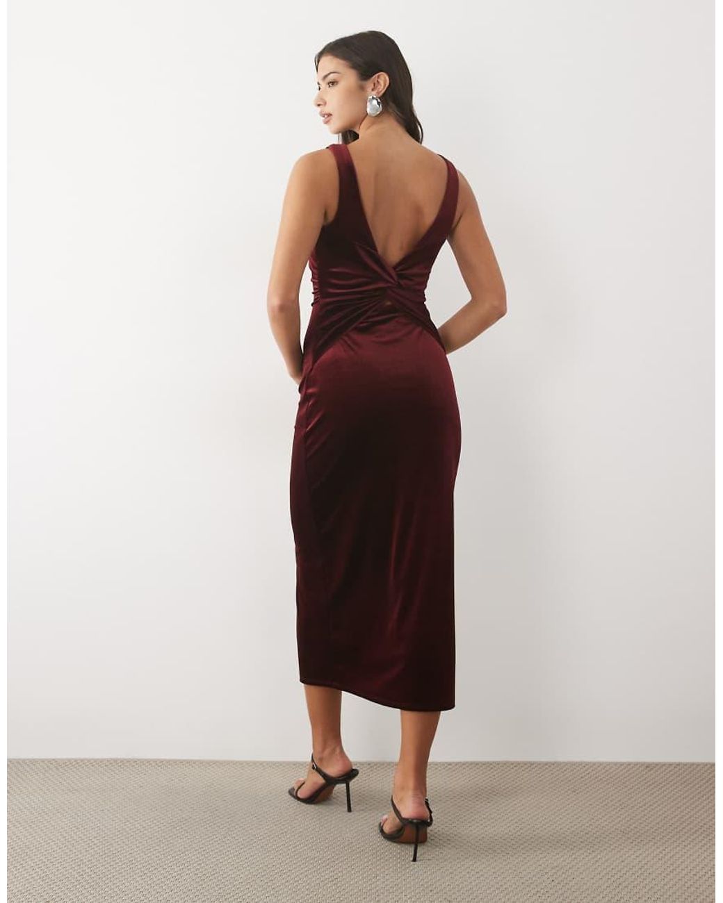 Nobody's Child Red Margot Velvet Boat Neck Open Back Bow Detail Midi Dress