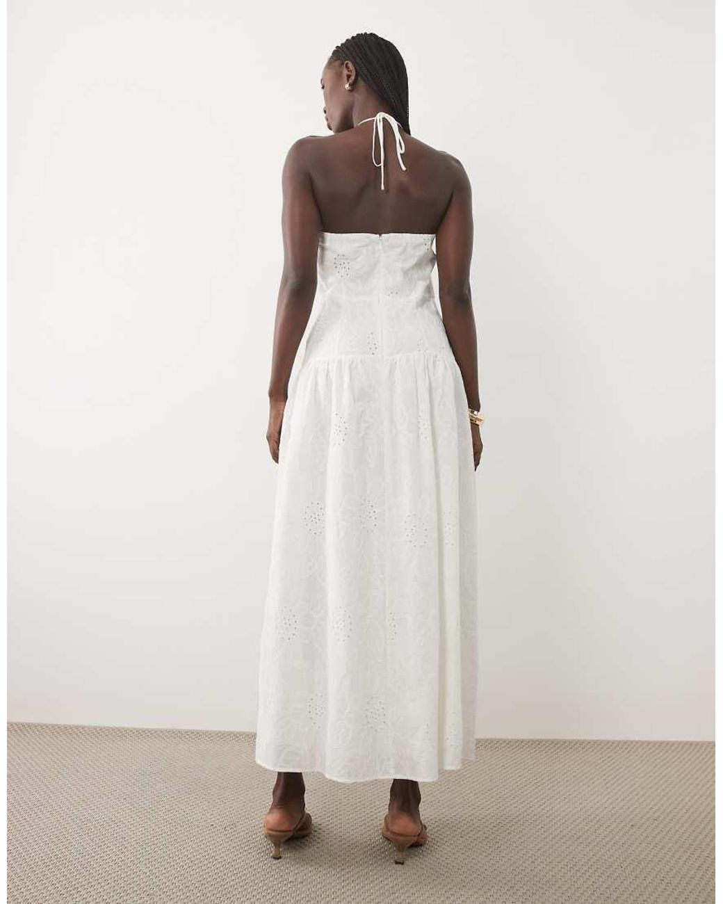 Mango White 100% Cotton Halterneck Embroidered Maxi Dress