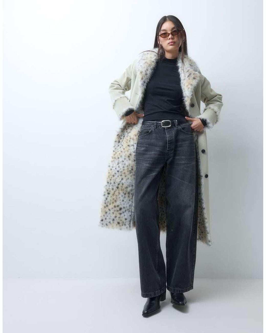 Reclaimed Vintage Blue Contrast Animal Faux Fur Longline Coat